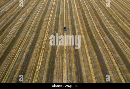 Il trattore, macchine agricole raccoglie la paglia in covoni, vista dal quadcopter Foto Stock