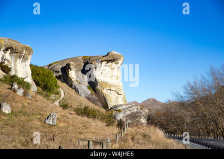 Frog Rock è un famoso affioramento di calcari lungo il Weka Pass ferrovia che si trova sopra l'autostrada attraverso North Canterbury, Nuova Zelanda Foto Stock