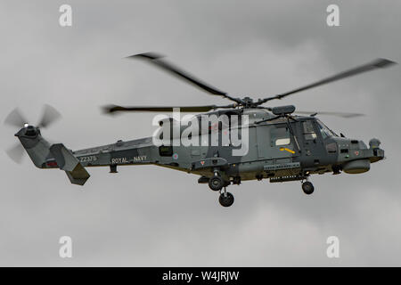 Royal Navy Wildcat HMA2 anti-sommergibile elicottero che partecipano al display di volo presso gli RNAS Yeovilton International Air giorno, Regno Unito il 13/7/19. Foto Stock