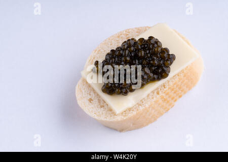 Il caviale nero su baguette fresca con burro, sfondo bianco. close-up. Foto Stock