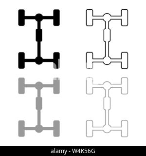 Telaio del sottocarro Carrello per auto telaio veicolo icona set di contorno nero colore grigio illustrazione vettoriale stile piatto semplice immagine Illustrazione Vettoriale