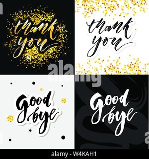 Ringrazio il Card. Bellissimo biglietto di auguri graffiato calligraphy il testo nero parola stelle d'oro. Disegnata a mano invito T-shirt print design.modernamente manoscritte Illustrazione Vettoriale