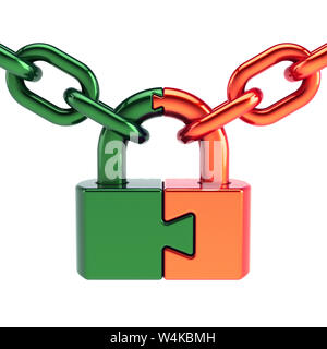 Concetto puzzle lock lucchetto chiuso con la maglia di catena verde arancione parti. Protezione concetto icona. Il rendering 3D Foto Stock