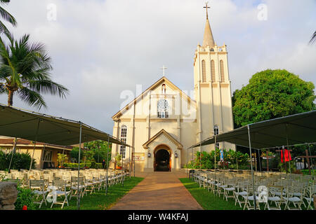 LAHAINA, HI -31 MAR 2018- Vista del punto di riferimento storico Lanakila Maria la Chiesa cattolica in Lahaina, un ex città missionaria e capitale delle Hawaii befo Foto Stock