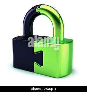 Accesso di sicurezza serratura segreto di puzzle a forma di lucchetto chiuso. Proteggere icona creativi concetto verde nero combinazione pezzi allegata. Il rendering 3D Foto Stock