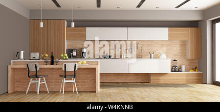 Il bianco e il legno cucina moderna con isola - 3d rendering Foto Stock