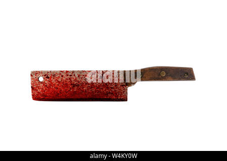 Vecchia carne sanguinosa cleaver isolato su sfondo bianco con percorso cliiping Foto Stock