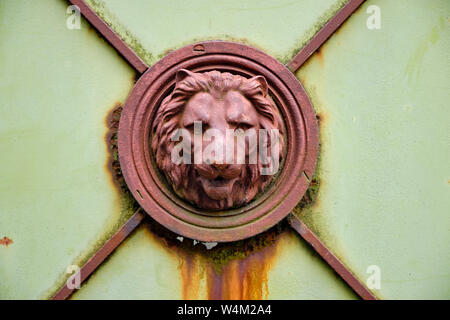Metallo arrugginito testa Leone incorniciato in cerchi concentrici sulla chiusura del vecchio arrugginito verde porta di metallo Foto Stock