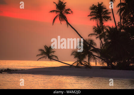 Questa unica immagine mostra il gigantesco tramonto alle Maldive. Si può facilmente vedere come il cielo raffiche e tutto diventa arancione Foto Stock