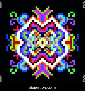 Mandala psichedelica del pixel su uno sfondo nero Illustrazione Vettoriale