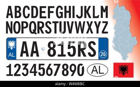 L'Albania auto targa, lettere, numeri e simboli Illustrazione Vettoriale