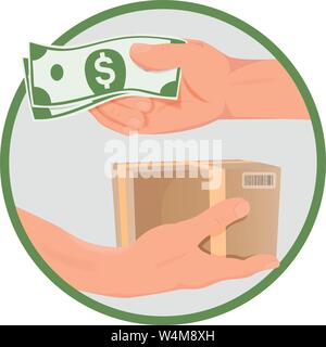 Il concetto di acquisto - le mani con il denaro e la casella Illustrazione Vettoriale