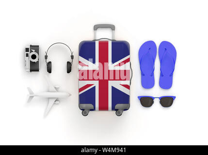 Regno Unito bandiera valigia e accessori da viaggio posa piatto. 3D Render Foto Stock