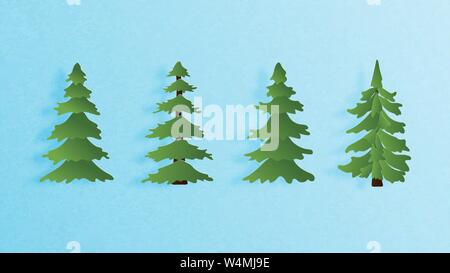 Set di diversi alberi di pino su sfondo blu in carta tagliata una decorazione di stile. Illustrazione Vettoriale. Illustrazione Vettoriale