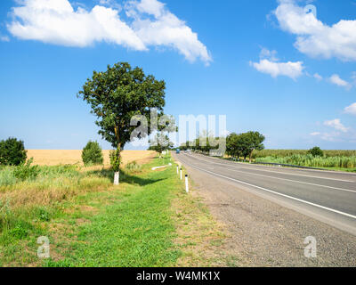 Paesaggio rurale - Strada lungo campo di grano in estate (A146 autostrada federale Krasnodar - Novorossiysk nel quartiere Abinsky Kuban nella regione del Krasnodar Kra Foto Stock