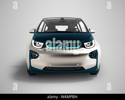 Moderne auto elettrica blu scuro Grigio fronte 3d rendering su sfondo grigio con ombra Foto Stock