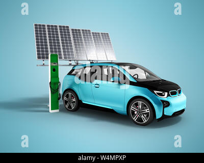 Un concetto moderno di carica di un auto elettrica batteria solare 3d rendering su uno sfondo blu con un'ombra Foto Stock