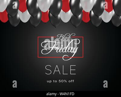 Venerdì nero design con palloncini e testo. Illustrazione Vettoriale