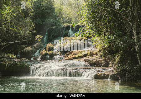 Le cascate del fiume streaming intorno alle rocce circondato da natura di un verde bosco su una bella giornata di sole. Le bellezze naturali della città turistica Foto Stock