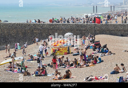 Brighton Regno Unito 24 luglio 2019 - la spiaggia di Brighton è impaccato nuovamente come il caldo clima soleggiato in tutta la Gran Bretagna continua. L'ondata di caldo in condizioni meteo per continuare domani e le temperature sono attesi per colpire i nuovi record con esso di raggiungere alte come 39 gradi Celsius a Londra . Credito: Simon Dack / Alamy Live News Foto Stock