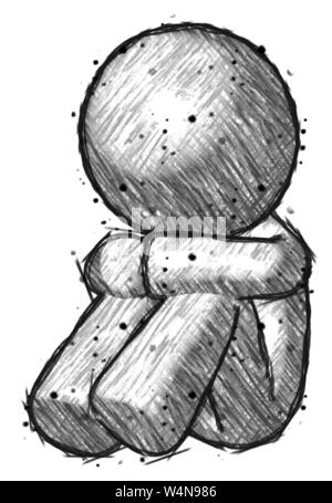Schizzo design mascotte uomo seduto con la testa rivolta verso il basso ad angolo sinistra. Foto Stock