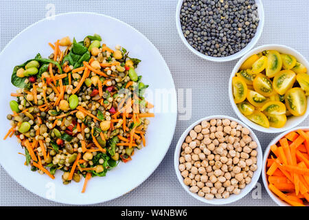 Vegetariano Insalata estiva con couscous e Edamame fagioli, lenticchie verdi, le carote e le erbe aromatiche Foto Stock