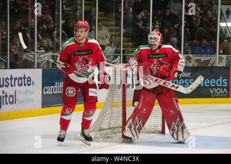 Viola Arena, la Baia di Cardiff, Galles, UK. Il Cardiff Devils ice hockey team giocando contro il clan di Glasgow. ©Natasha Camilleri Foto Stock