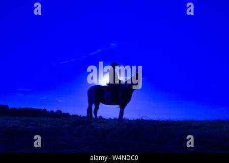 Silhouette cowgirl equitazione sulla piana aperta in western al tramonto in blu Foto Stock