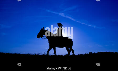 Silhouette cowgirl equitazione sulla piana aperta in western al tramonto in blu Foto Stock