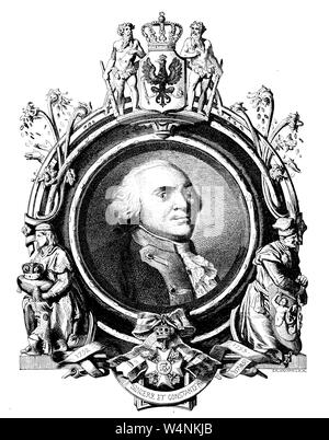 Federico Guglielmo II, fu re di Prussia dal 1786 fino alla sua morte. Friedrich Wilhelm II, 1744-1797, guerra von 1786 bis zu seinem Tod König von Preußen, Markgraf von Brandenburg und Kurfürst des Heiligen Römischen Reiches, digitale migliorata la riproduzione di un'illustrazione del XIX secolo Foto Stock