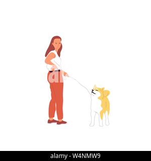 Giovane ragazza in abito casual è camminare con un Shiba Inu cane al guinzaglio. Isolato su sfondo bianco. In stile appartamento stock fumetto illustrazione vettoriale. Illustrazione Vettoriale