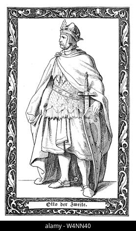 Ottone II, chiamato il rosso, era Sacro Romano Imperatore da 973 fino alla sua morte. Ottone II, Otto der Rote, 955-983, Adelsgeschlecht der Liudolfinger, römisch-Deutscher Kaiser von 973 bis 983., digitale migliorata la riproduzione di un'illustrazione del XIX secolo Foto Stock
