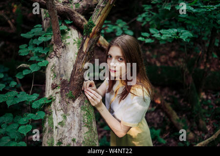 Donna in piedi vicino a un albero caduto nella foresta Foto Stock