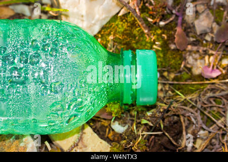 Vuoto verde bottiglia di plastica abbandonata in natura - Concetto di immagine Foto Stock