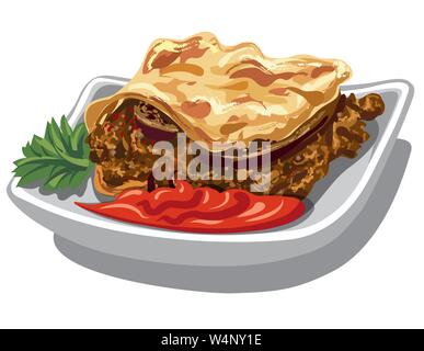 Illustrazione della moussaka greca con la salsa di pomodoro sulla piastra Illustrazione Vettoriale