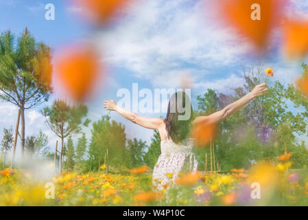 Giovane donna seduta sul prato di fiori - Vista posteriore Foto Stock