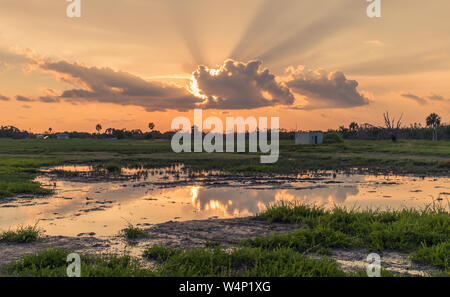 Flamingo Visitor Center, Everglades National Park, Florida, Stati Uniti d'America - 14 Luglio 2018: Riflessioni in uno stagno al tramonto vicino a Flamingo Centro in Florida di Capodanno Foto Stock