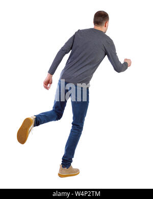 Vista posteriore di uomo che corre. vista posteriore di persona. Isolato su sfondo bianco. Foto Stock