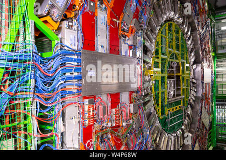 Il CERN, Francia - 25 Giugno, 2019: una parte del Large Hadron Collider (LHC) è visto metropolitana trovanella parte francese del CERN. Foto Stock