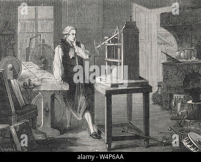 JAMES WATT (1736-1819) inventore scozzese riflettendo su un modello di Thomas Newcomen il motore di vapore Foto Stock