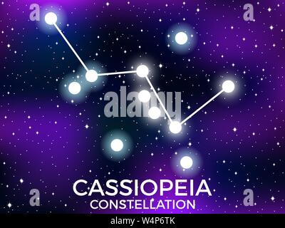 Costellazione di Cassiopeia. Cielo stellato. Cluster di stelle e galassie. Spazio profondo. Illustrazione Vettoriale Illustrazione Vettoriale