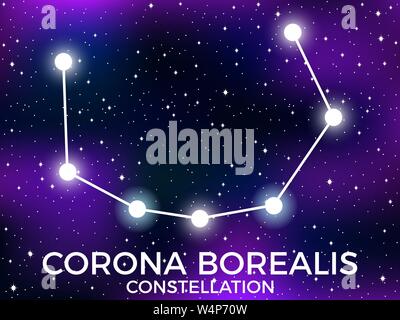 Corona Boreale costellazione. Cielo stellato. Segno zodiacale. Cluster di stelle e galassie. Spazio profondo. Illustrazione Vettoriale Illustrazione Vettoriale