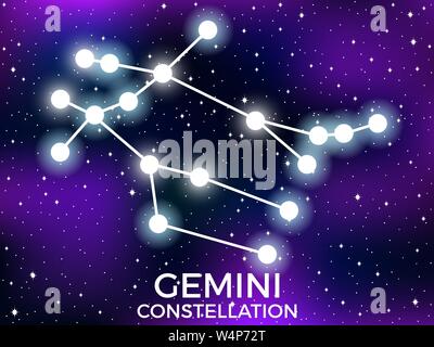 Costellazione di Gemini. Cielo stellato. Cluster di stelle e galassie. Spazio profondo. Illustrazione Vettoriale Illustrazione Vettoriale