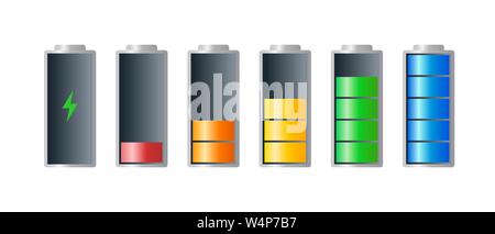 Livello dell'indicatore di carica della batteria da alta a bassa potenza impostato con l'icona di ricarica. La batteria è scarica e completamente carica, indicando i cilindri rosso arancione giallo blu verde. Illustrazione della ricarica delle batterie vettoriali Illustrazione Vettoriale