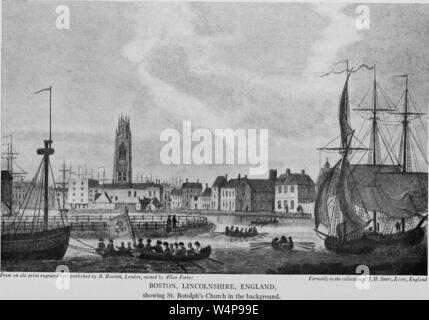 Incisione del porto di Boston in Lincolnshire, Inghilterra, dal libro "città del New England e la vecchia Inghilterra, Irlanda e Scozia " dallo Stato Street Trust Company e Allan Forbes, 1920. La cortesia Internet Archive. () Foto Stock