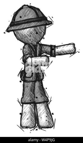 Schizzo explorer ranger uomo presentare qualcosa alla sua sinistra. Foto Stock