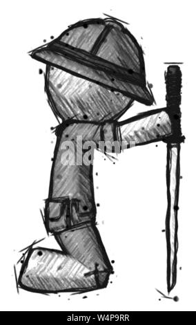 Schizzo explorer ranger uomo inginocchiato con ninja spada katana che mostra il rispetto. Foto Stock