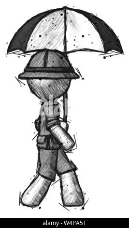 Schizzo explorer ranger uomo a camminare con ombrello. Foto Stock