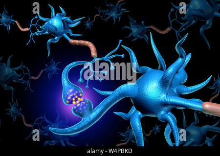 Cellule nervose e synapse neurone anatomia funzione di invio di un segnale elettrico come una neurologia scienza del cervello schema concetto legati alla memoria. Foto Stock