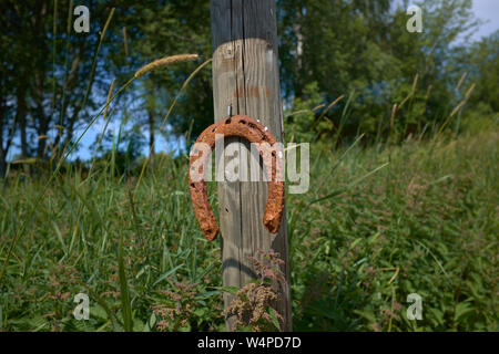 Vecchio arrugginito ferri di cavallo inchiodati al palo di legno su una collina di erba Foto Stock